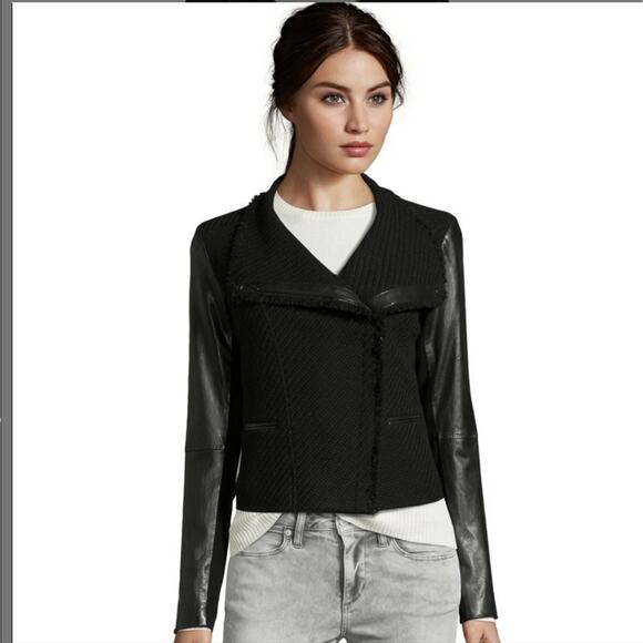 XS Vince black tweed & faux leather wool blend moto jacket with pockets - Picture 2 of 9